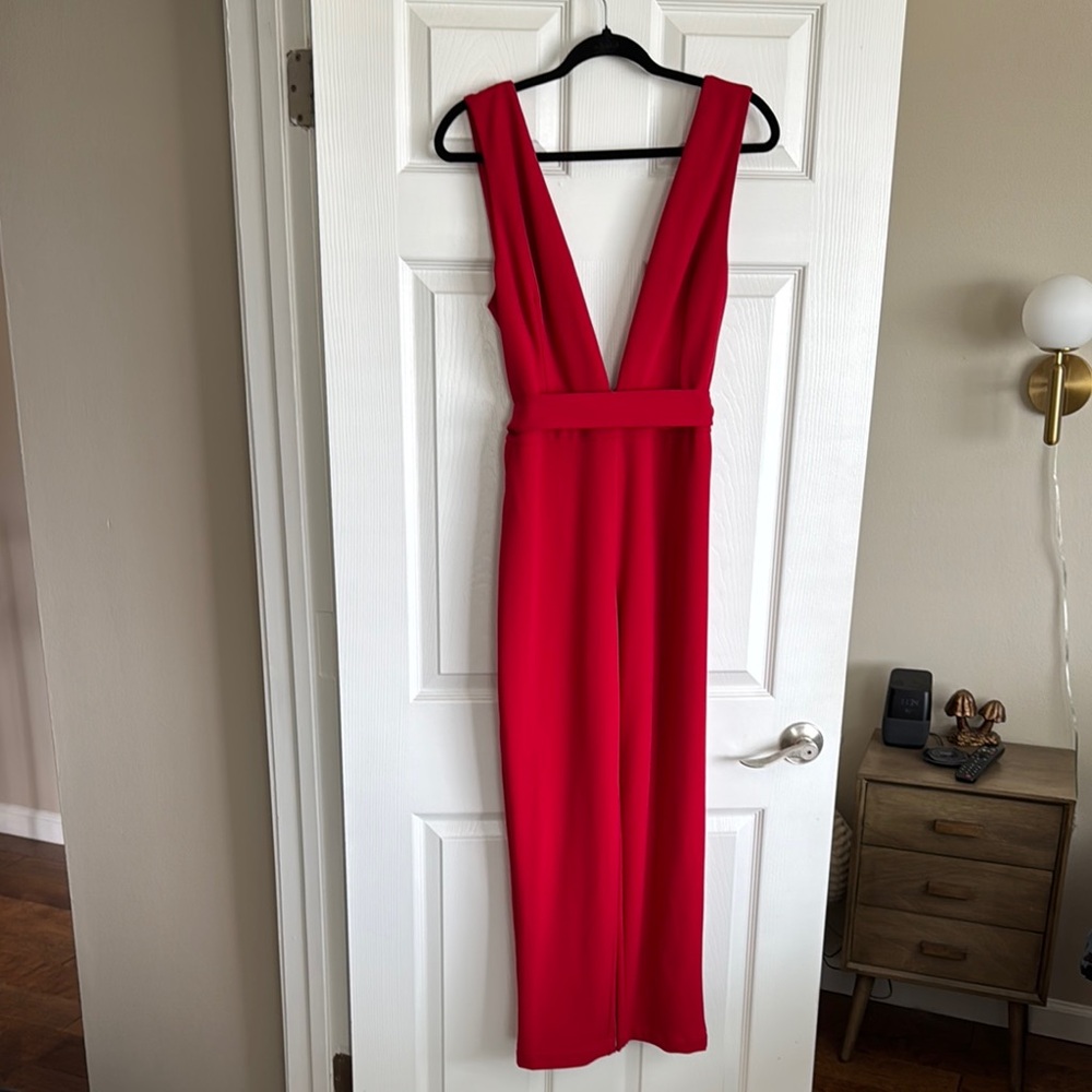 Showpo Red Plunge Neck Sheath Jumpsuit